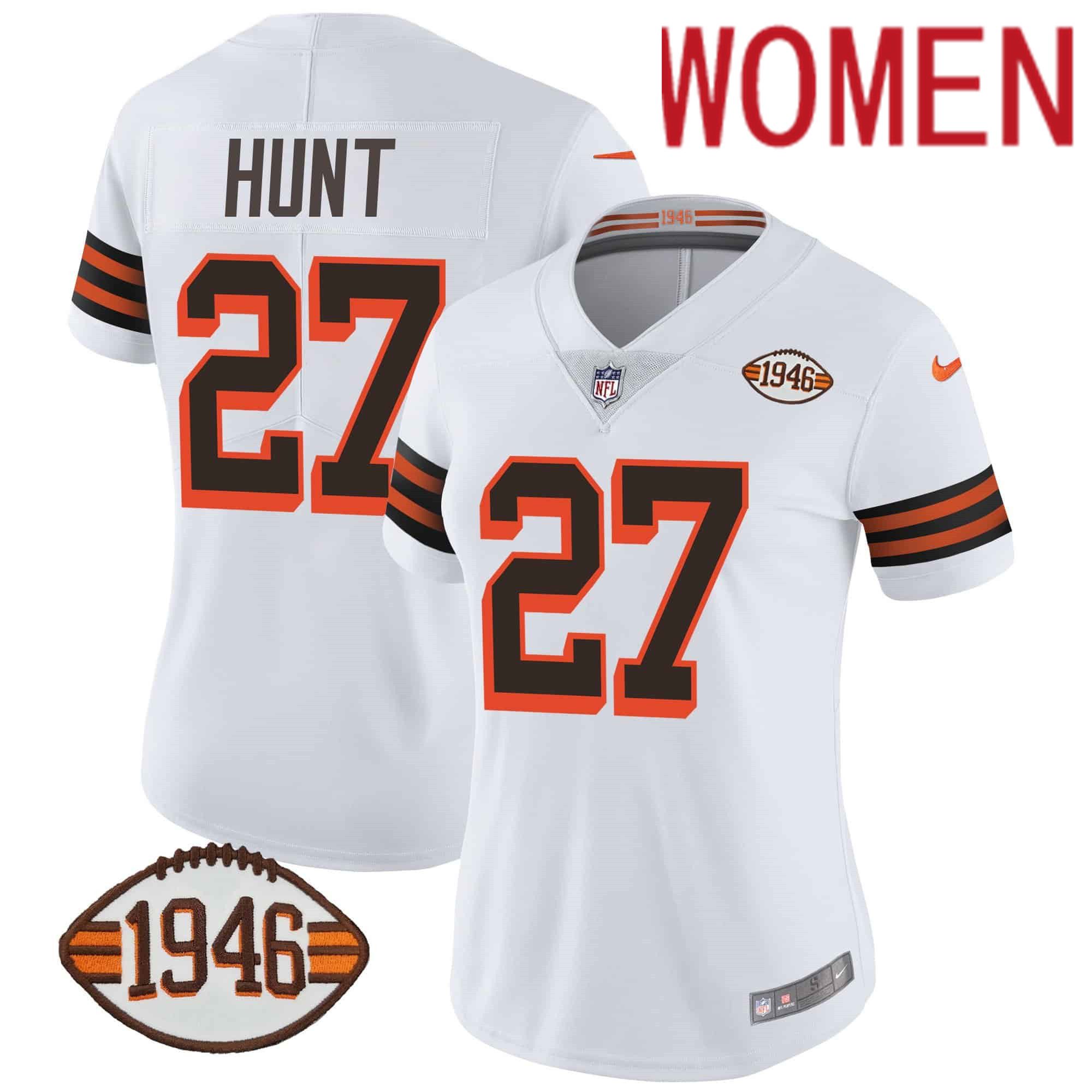 Women Cleveland Browns #27 Hunt White 1946 75th Anniversary Patch 2024 Nike NFL Jersey